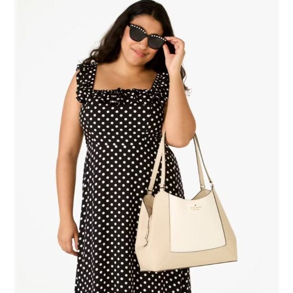 Kate Spade Womens Pebbled Leather Lena Sand Colorblock Large Shoulder Bag New - Picture 2 of 9